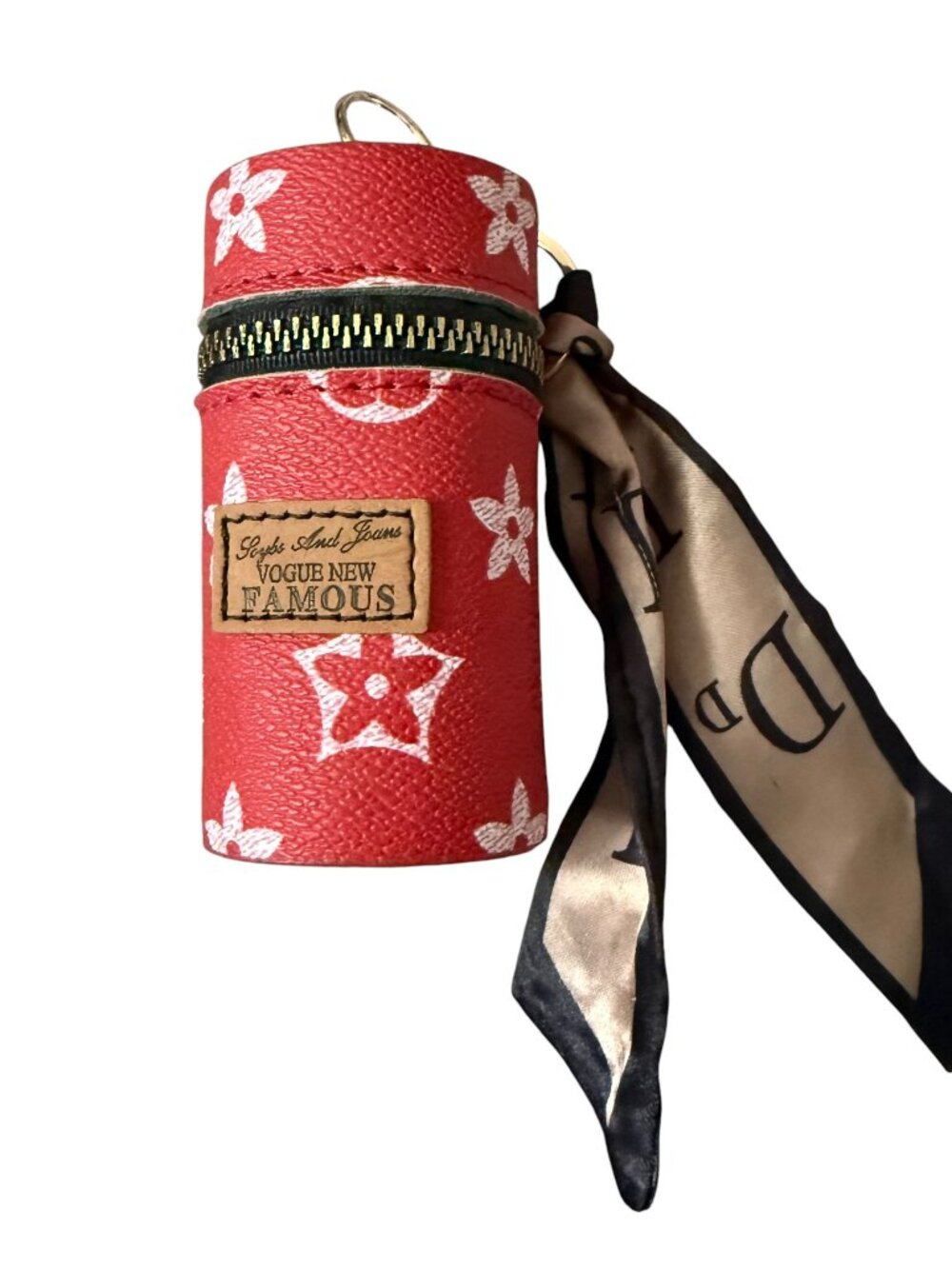 Vogue New Famous round mini case with keychain red and white floral zip closure